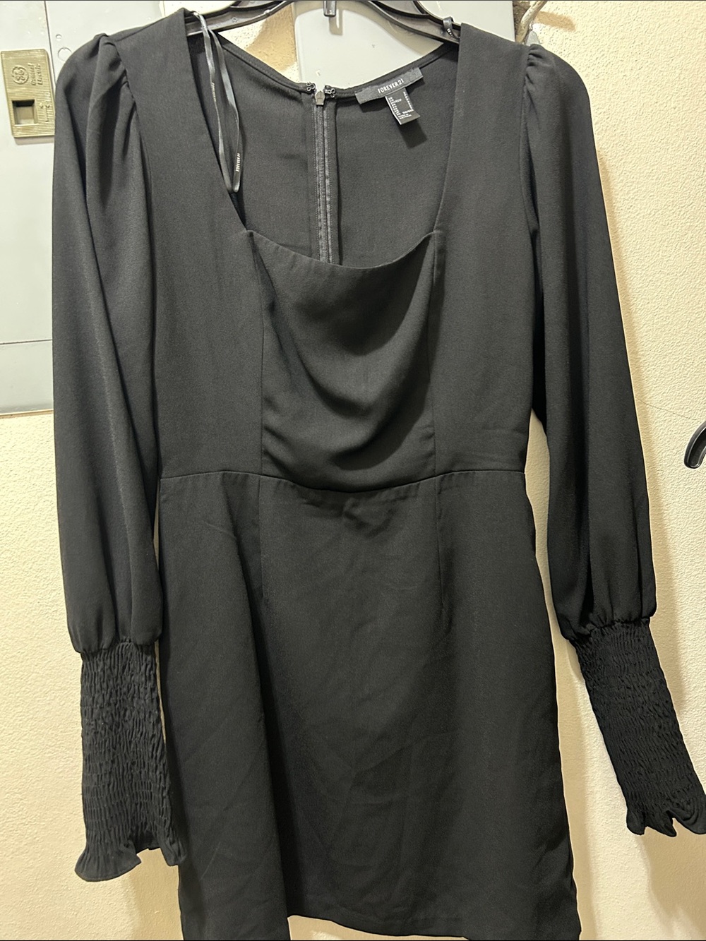 Forever 21 Black Long-Sleeve Cowl-Neck Mini Dress with Smocked Cuffs